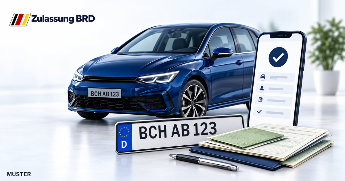 Online Fahrzeugzulassung in Walldürn: Musterkennzeichen BCH AB 123, Auto und Fahrzeugpapiere und Smartphone. Illustration mit Logo von Zulassung BRD.